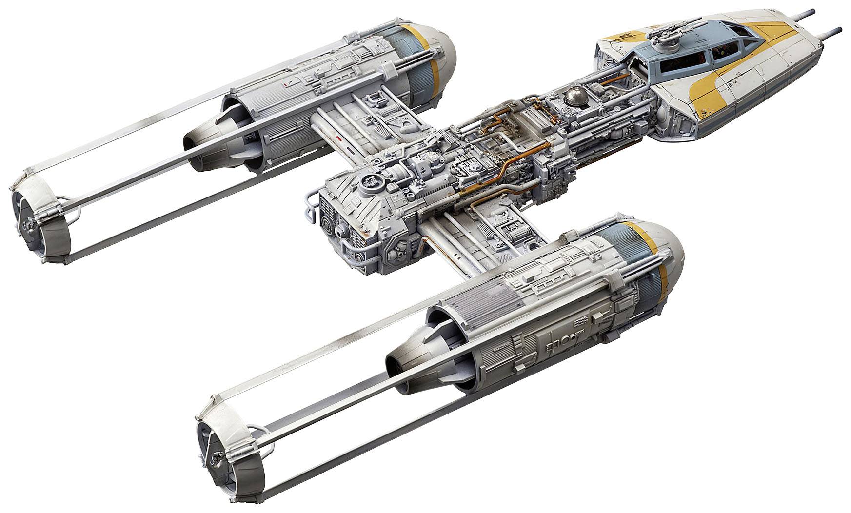 Un vaisseau spatial avec deux longues ailes et un cockpit central, gris avec des accents orangés, révèle des détails mécaniques complexes.