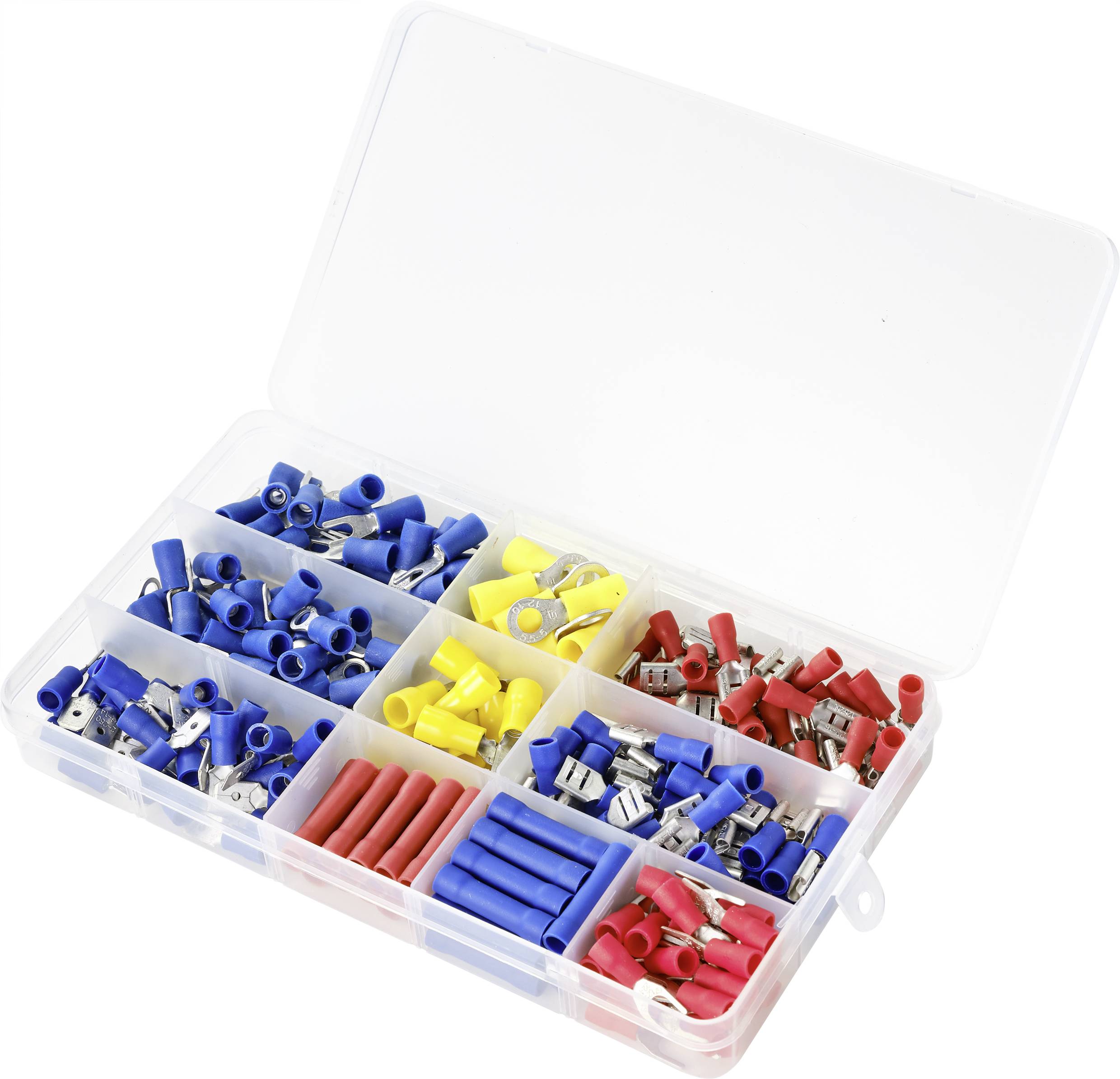 Une boîte d'assortiment de bornes de connexion électriques en bleu, jaune et rouge ; utilisée pour le câblage et la connexion de câbles.