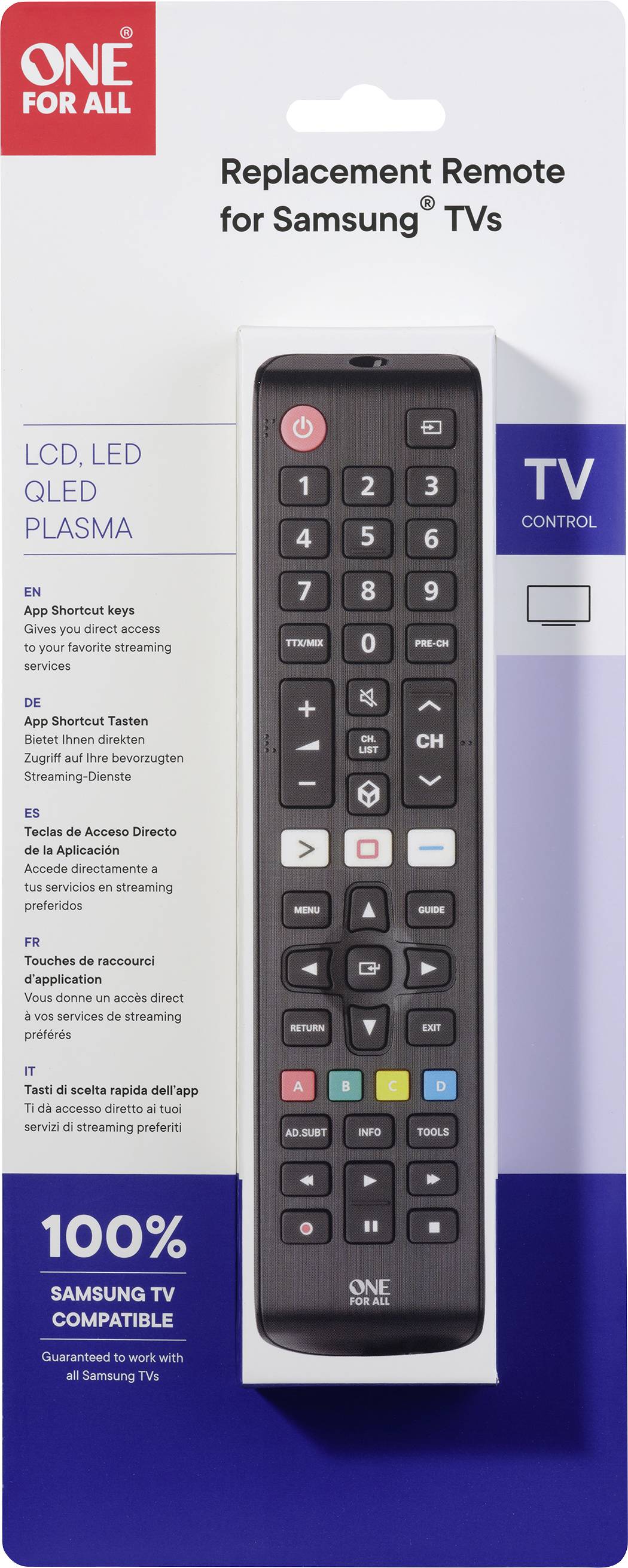 Télécommande universelle pour téléviseurs Samsung avec grand clavier. L'emballage indique la compatibilité avec différents types de TV et une couverture à 100% pour Samsung.