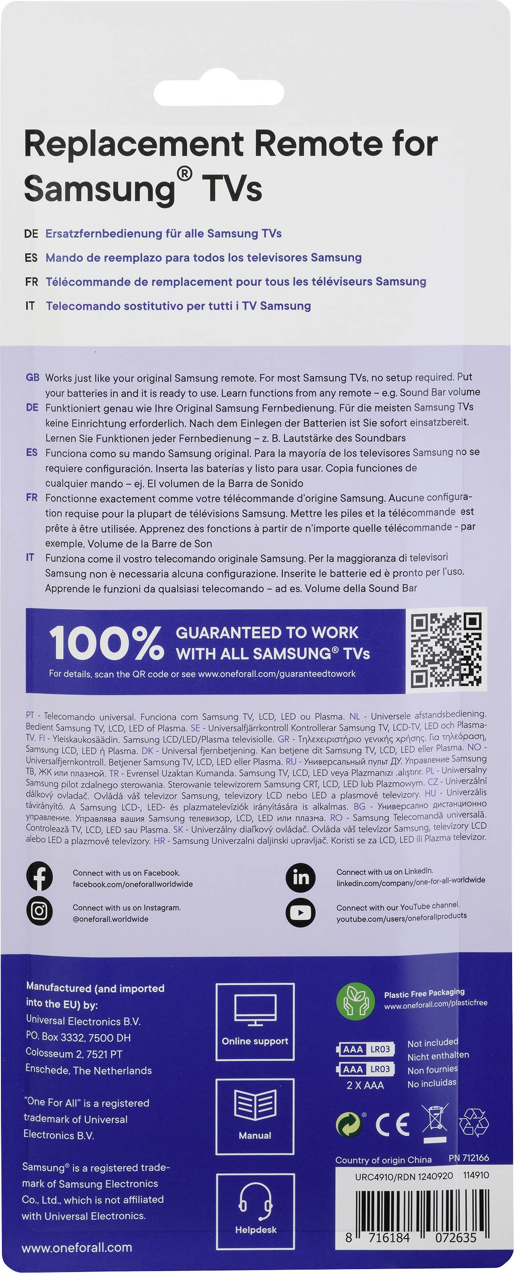 'Télécommande universelle pour téléviseurs Samsung' est écrit en haut. D'autres textes dans différentes langues décrivent la compatibilité. En bas se trouvent des détails techniques et les coordonnées de contact.