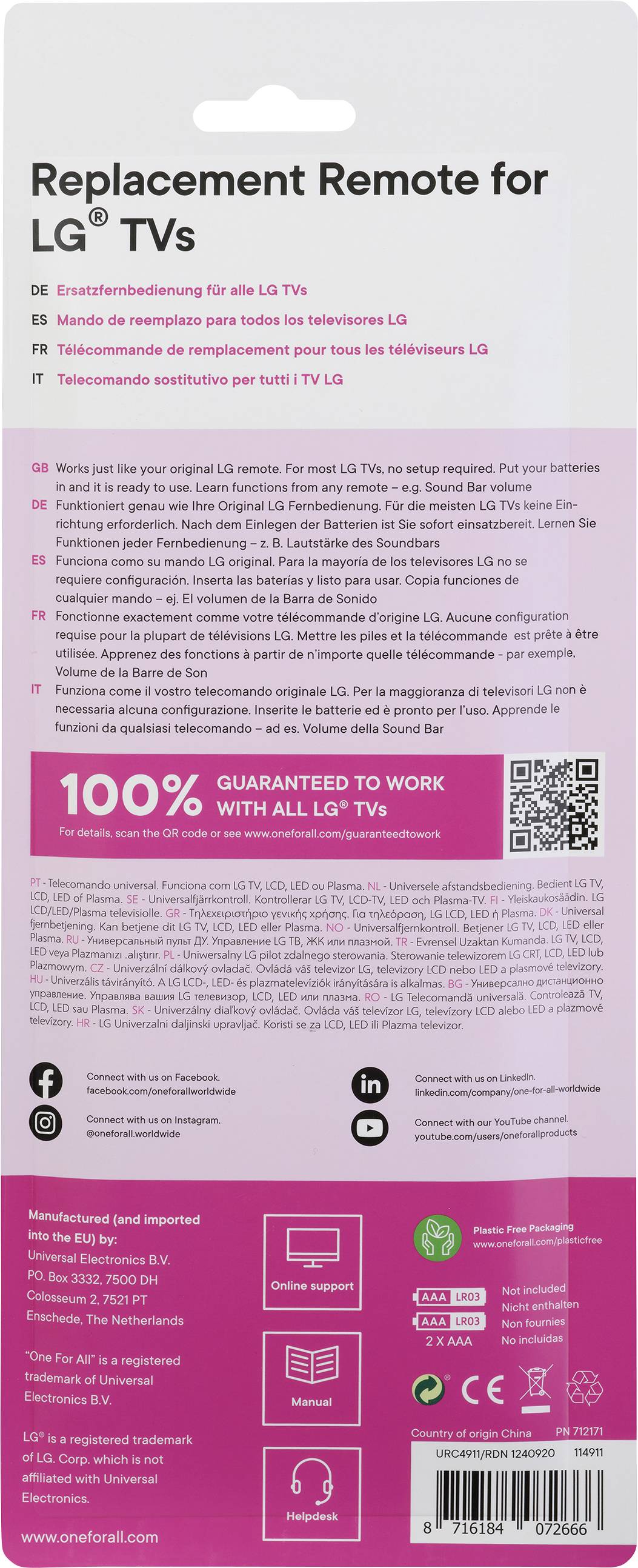 Télécommande de Remplacement pour Téléviseurs LG - Télécommande universelle en emballage rose, garantie à 100%, compatible avec tous les modèles de téléviseurs LG. Contient un code QR.