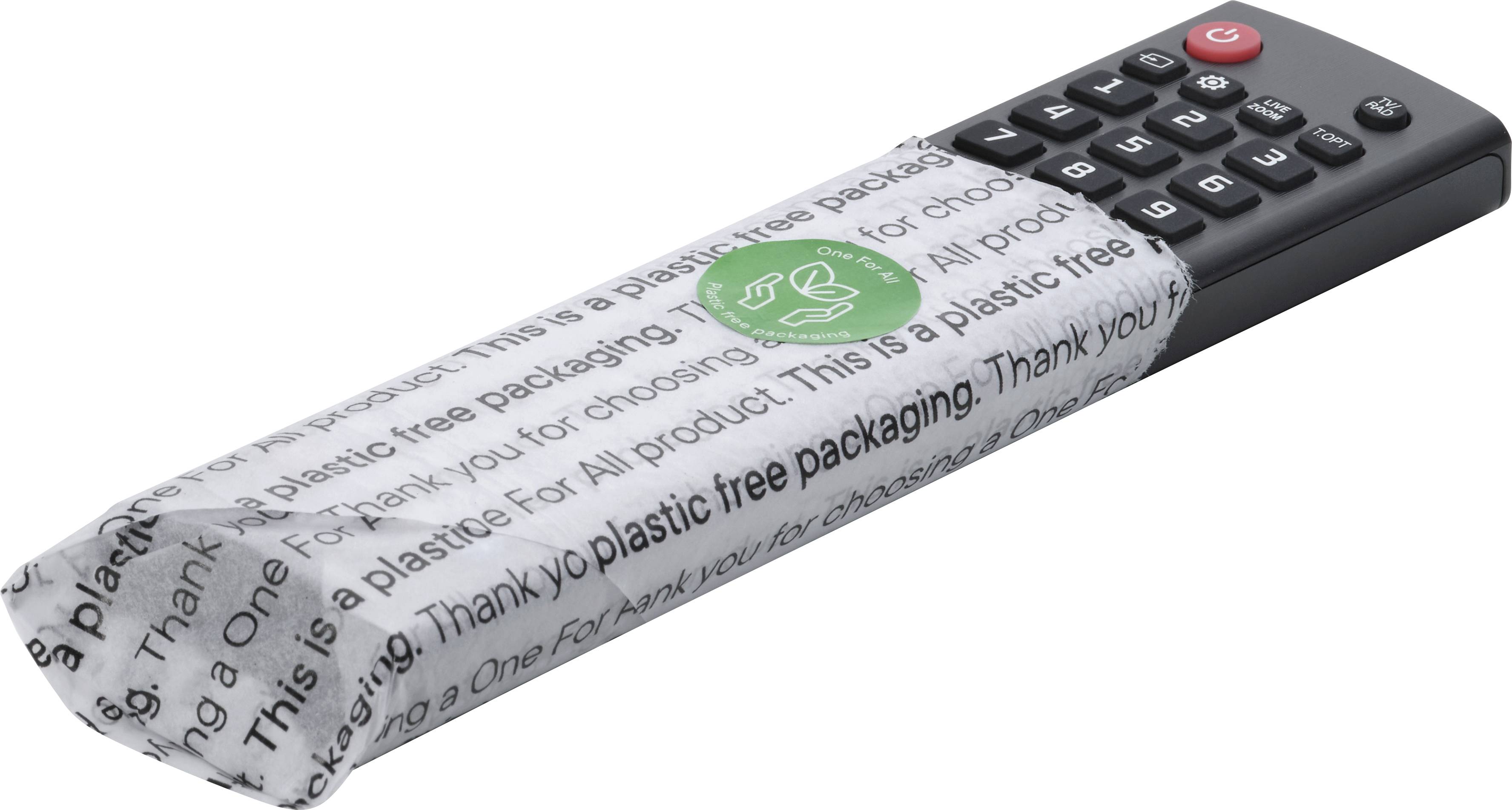 Télécommande enveloppée dans un emballage sans plastique avec un graphique vert symbolisant le recyclage. Texte sur l'emballage : 'Merci de choisir un emballage sans plastique'.