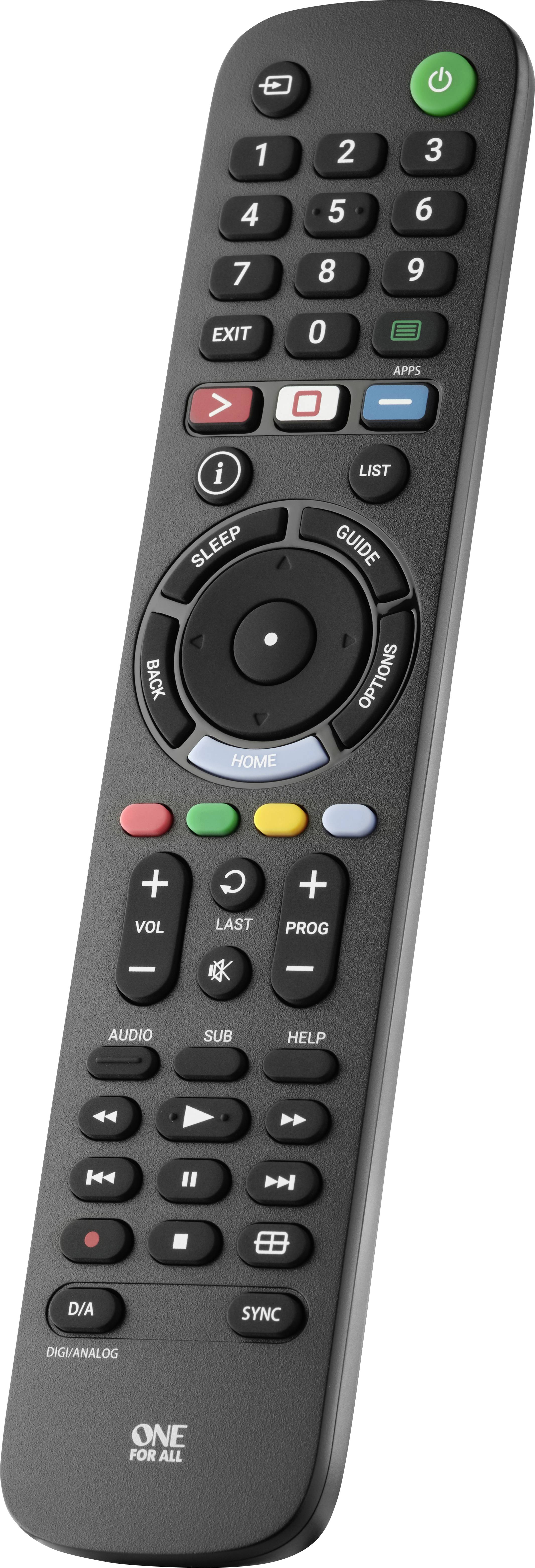 Une télécommande universelle noire avec des touches pour la mise en marche, le volume, le changement de chaîne, le menu et des touches numériques de 0 à 9.