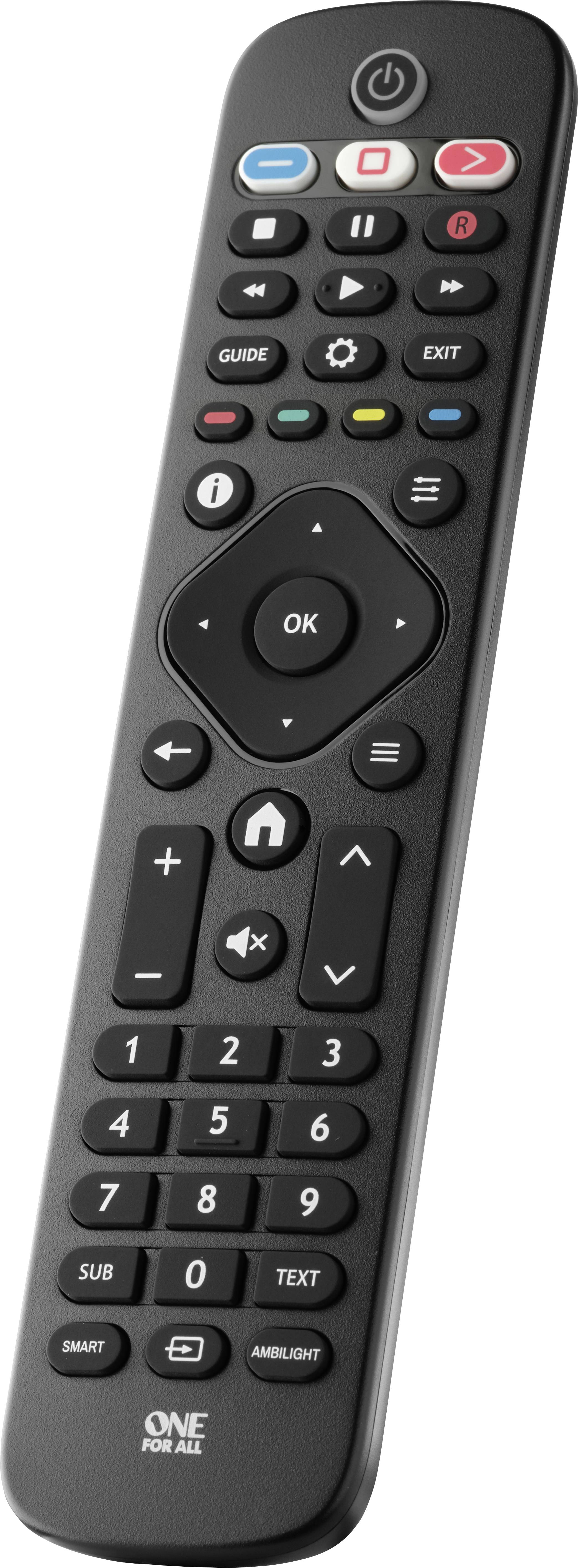 Télécommande universelle noire avec touches pour le volume, le changement de chaîne, le menu principal et les fonctions Smart TV.