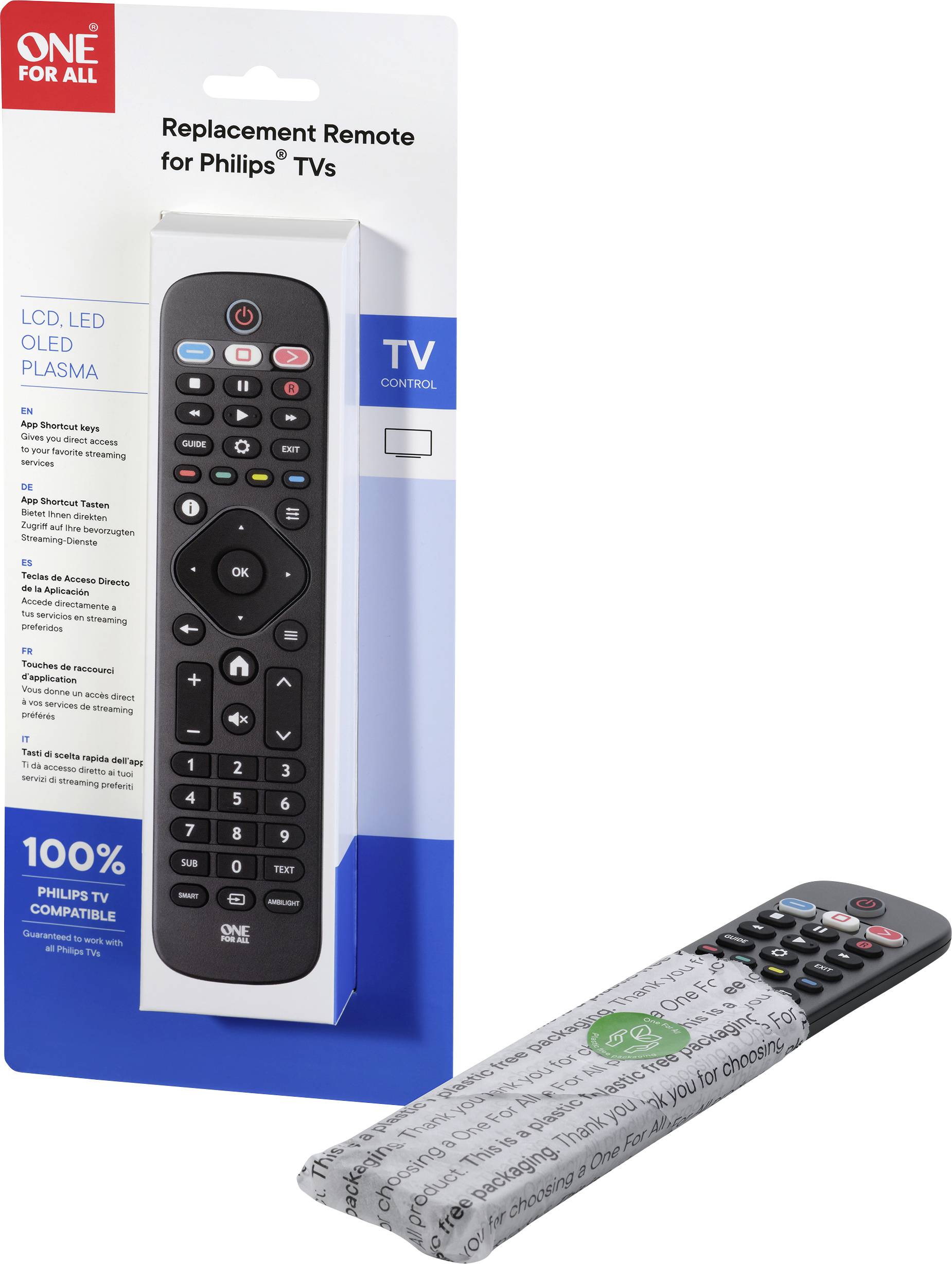 Une télécommande universelle pour téléviseurs Philips, conditionnée dans un boîtier blanc et bleu. Comprend des touches pour différentes fonctions.