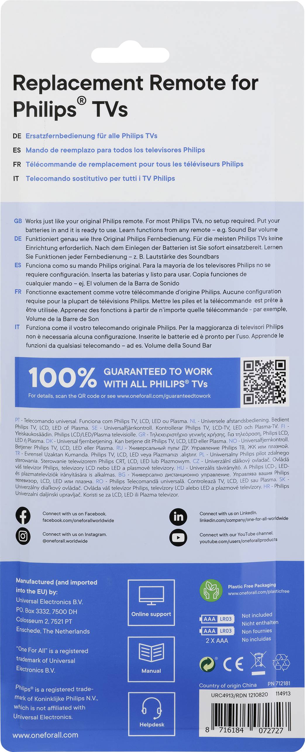 Télécommande de remplacement pour téléviseurs Philips avec design d'emballage bleu. Comprend une garantie de compatibilité et des détails techniques.