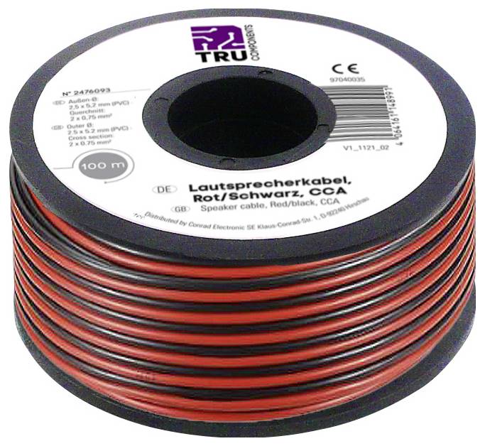 TRU COMPONENTS TC-9202504 Câble haut-parleur 2 x 0.75 mm² noir-rouge 100 m