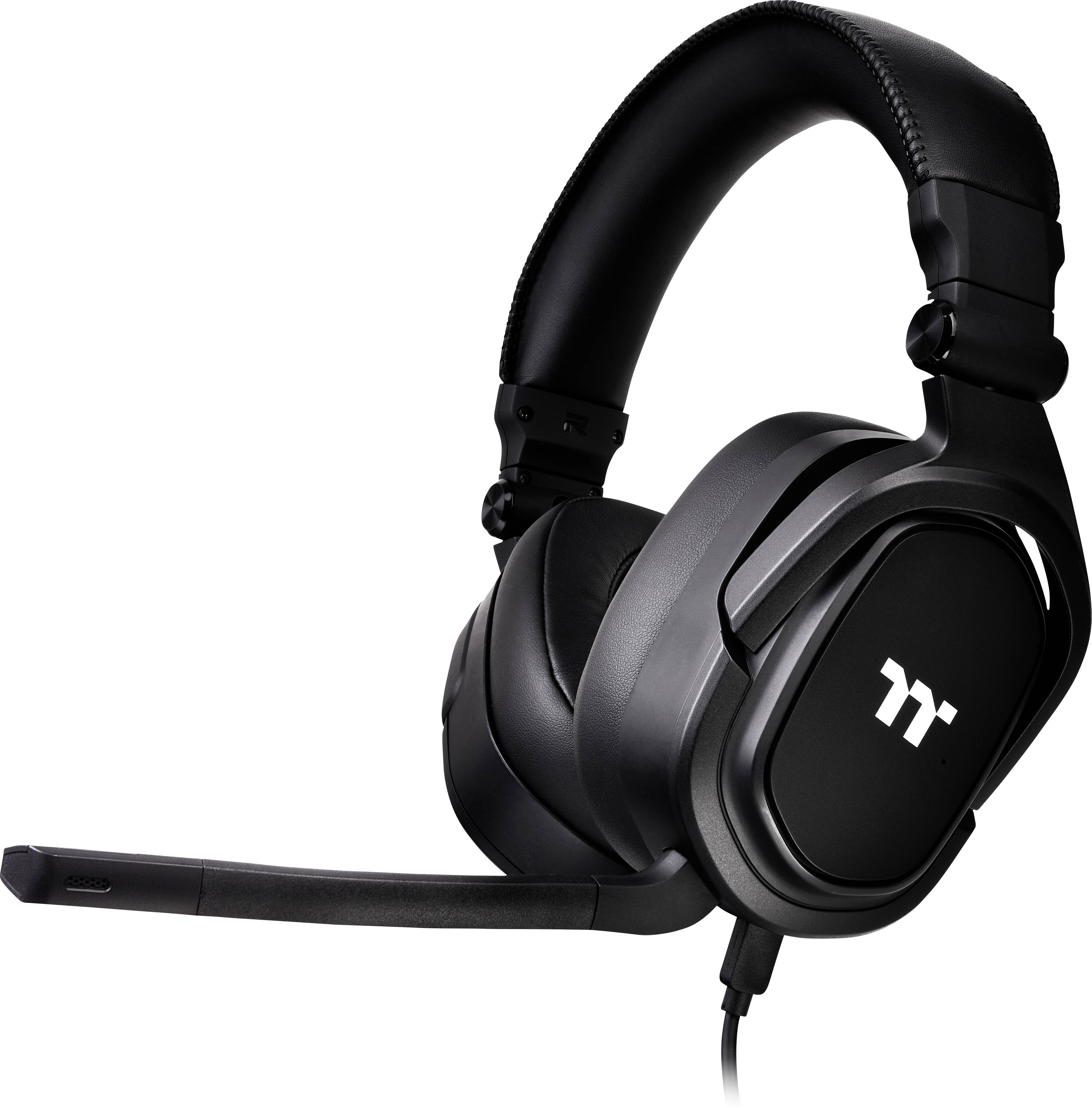 Casque de gaming noir avec des coussinets d'oreille et un micro articulé sur le côté gauche. Le logo 'M' est visible sur le pavillon de l'écouteur.