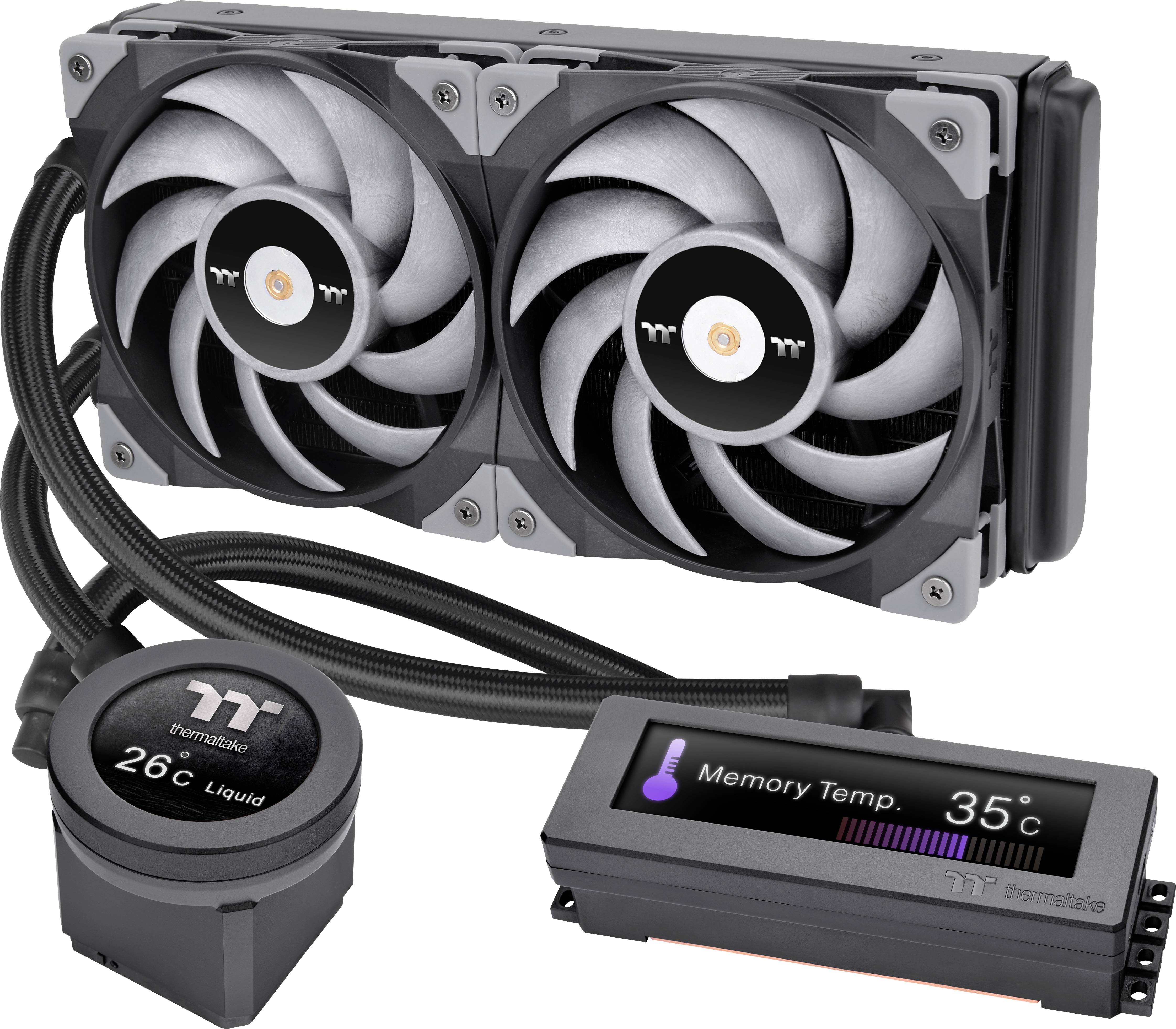 Système de refroidissement liquide Thermaltake avec double ventilateur, pompe et écran. Affichage : 26°C liquide, 35°C mémoire.