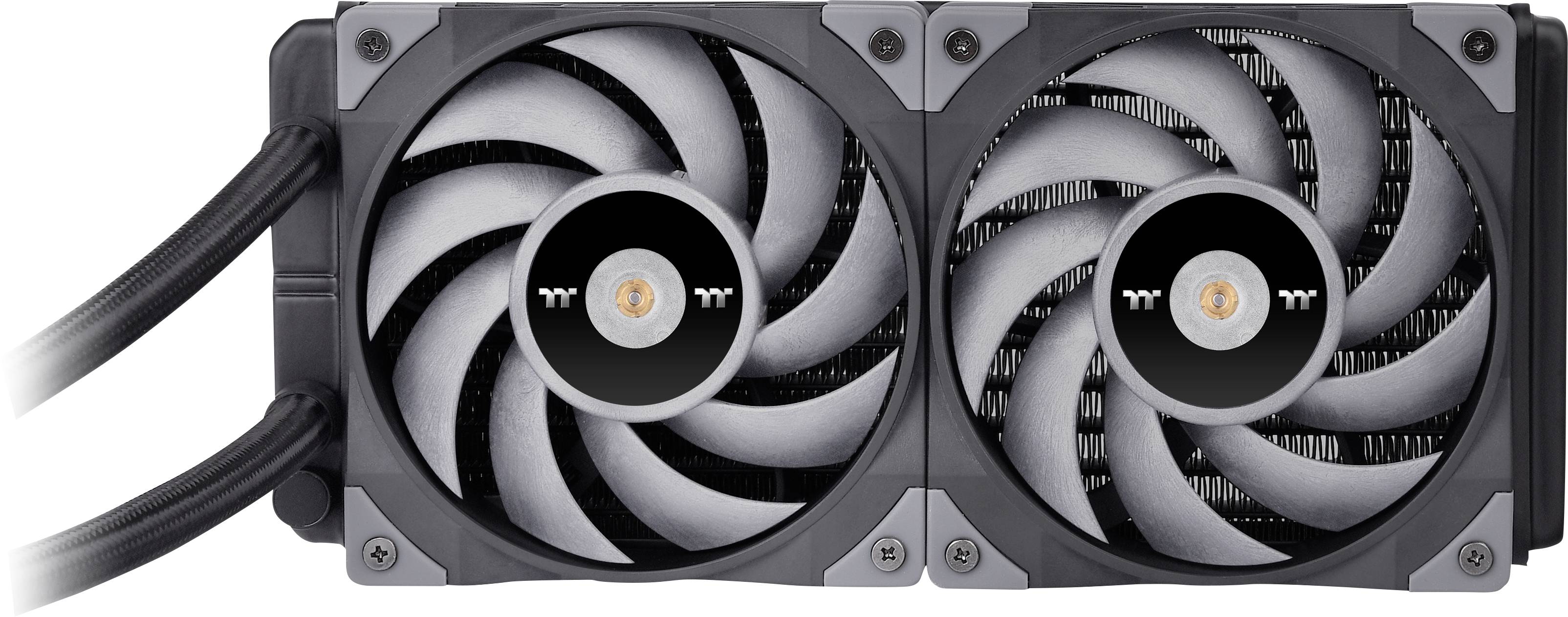 Deux ventilateurs d'ordinateur côte à côte, avec des boîtiers gris et des pales noires, raccordés à des câbles gainés de noir.