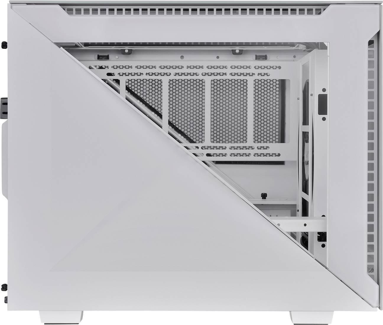 Boîtier d'ordinateur blanc avec une fenêtre latérale, montrant l'intérieur avec des supports de ventilateurs et des emplacements pour les composants.