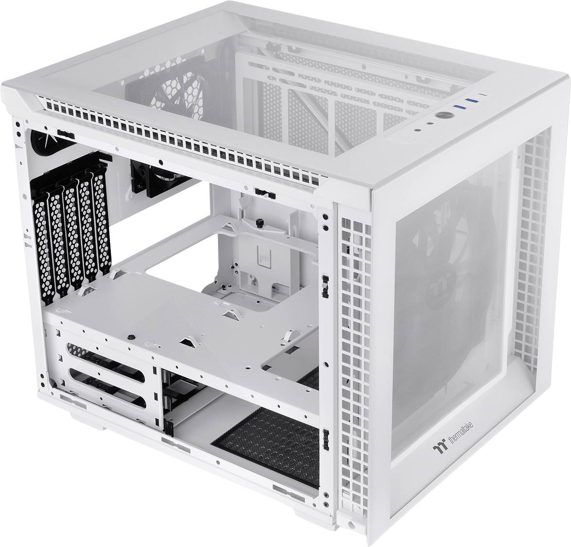 Un boîtier PC blanc avec des fenêtres en verre, offrant de l'espace pour plusieurs ventilateurs et connexions. Adapté aux projets de construction de PC personnalisés.