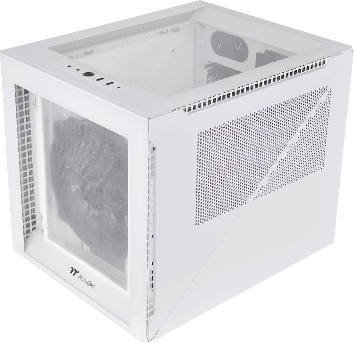 Un boîtier PC cubique blanc avec des parois latérales transparentes et des grilles de ventilation ; logo Thermaltake reconnaissable à l'avant.