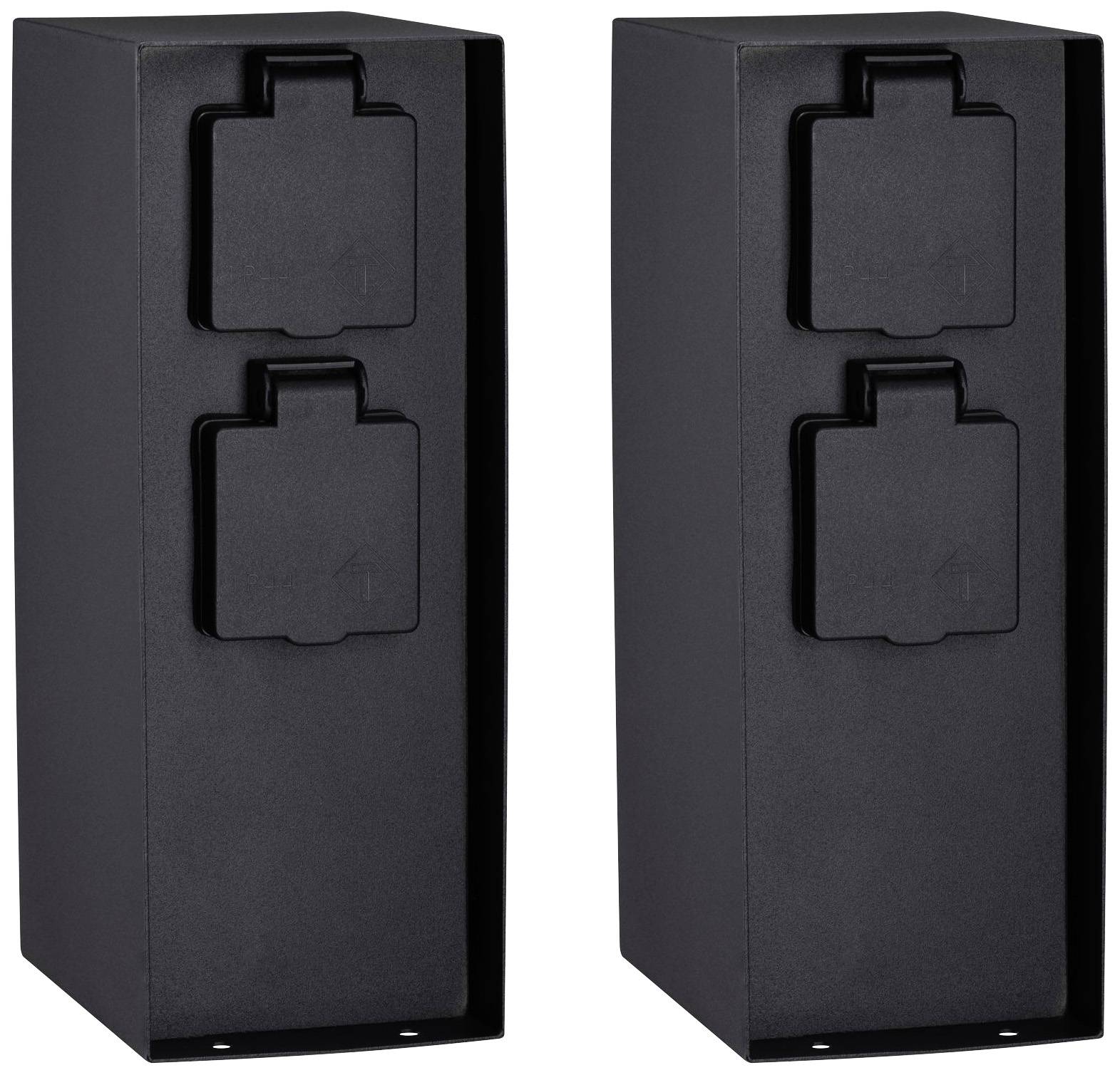 Deux boîtiers noirs rectangulaires, chacun équipé de deux prises électriques couvertes sur la façade.