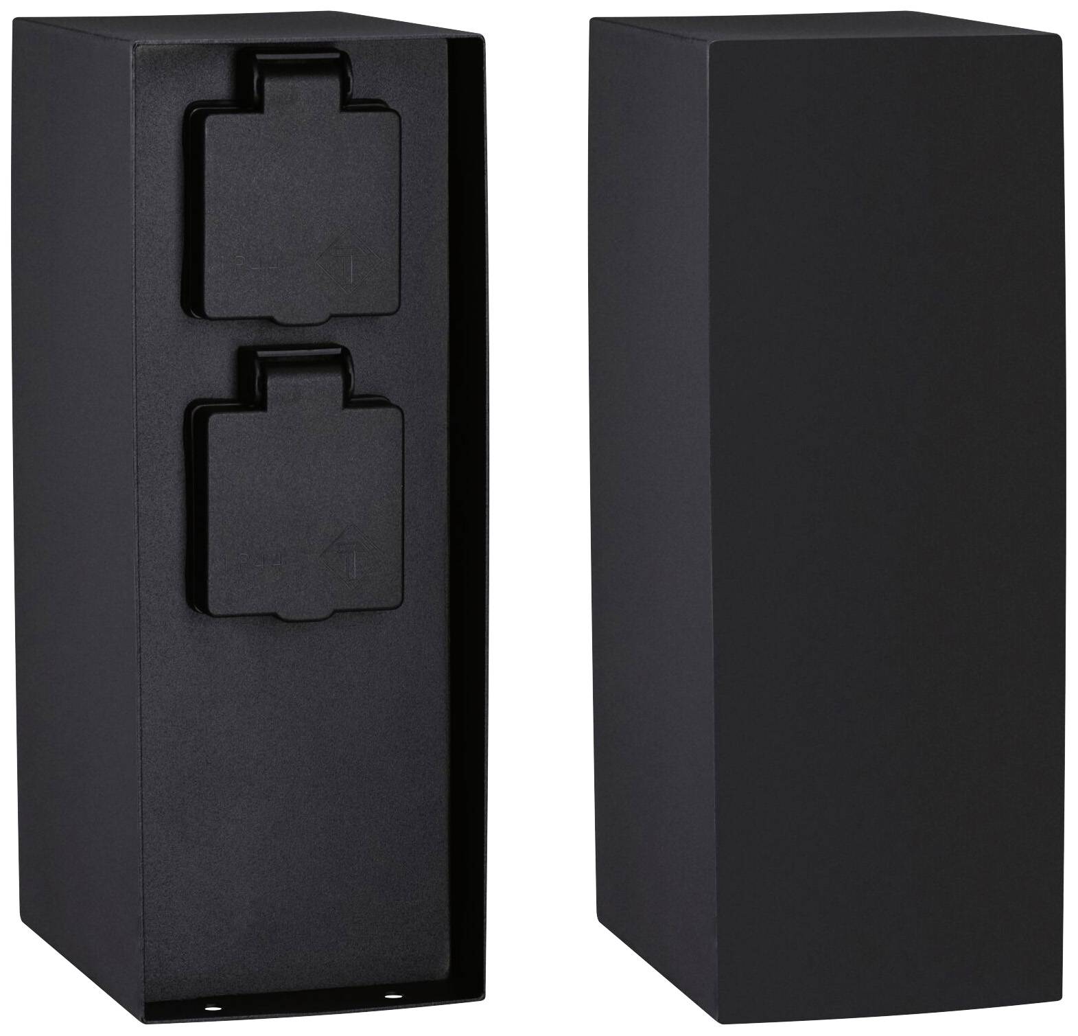 Objet rectangulaire noir avec deux prises électriques couvertes à l'avant et une surface lisse sur le côté.