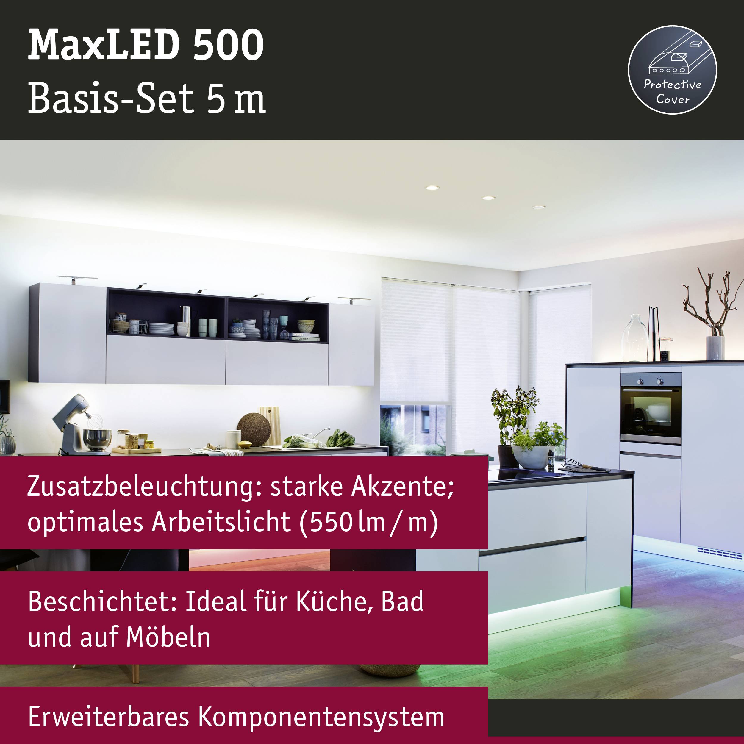 MaxLED 500 système d'éclairage dans une cuisine au design moderne. Texte : 'Éclairage de travail optimal : des accents puissants', 'Particulièrement idéal pour la cuisine, la salle de bain et les meubles'.