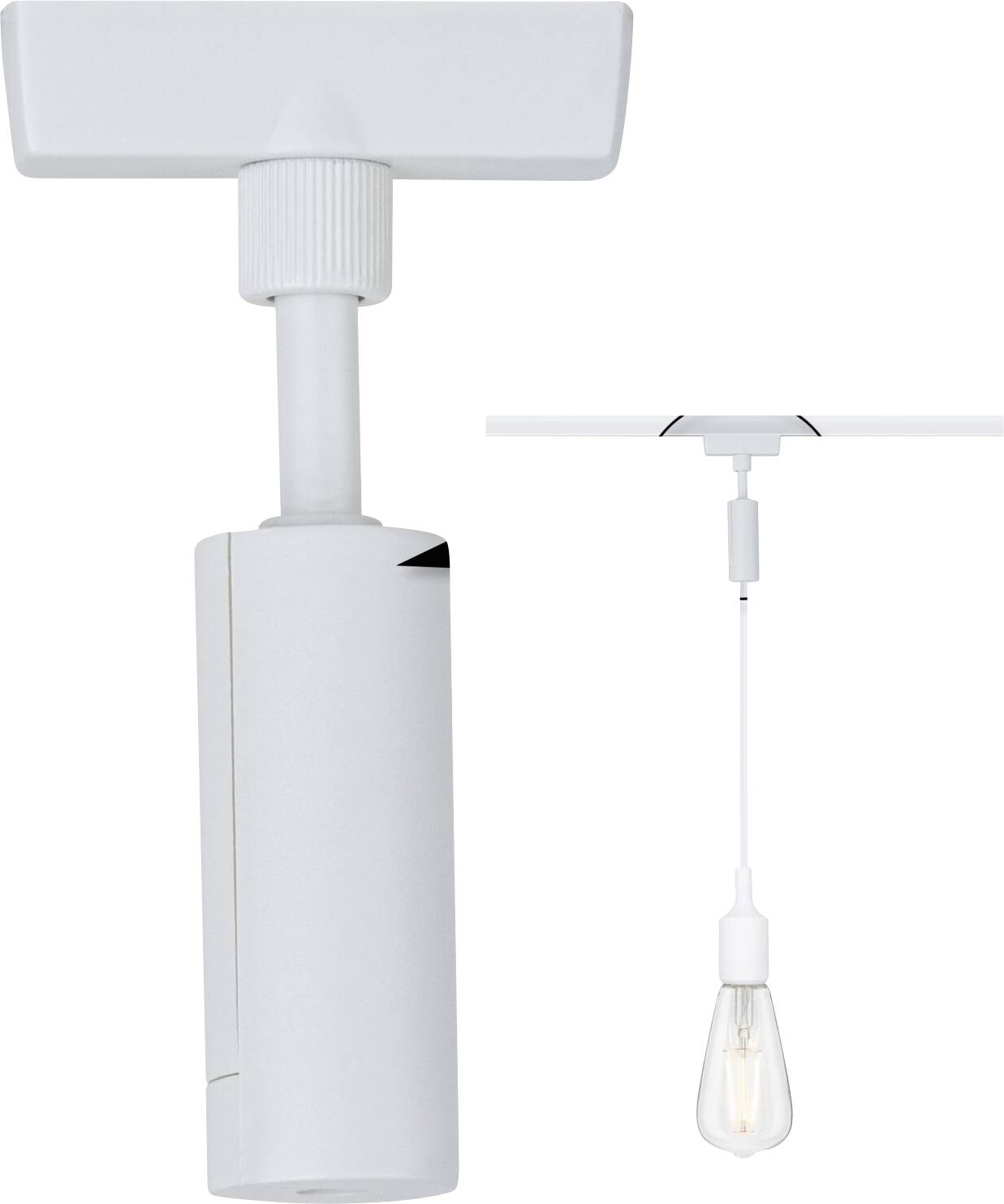Deux adaptateurs de lampe blancs, l'un vertical avec support de lampe, le second montrant une lampe suspendue à un rail.