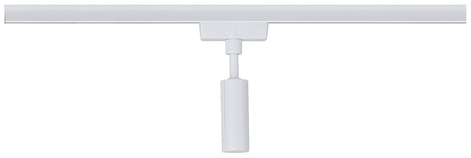 Un spot blanc simple fixé sur un rail, adapté pour un éclairage flexible des espaces.