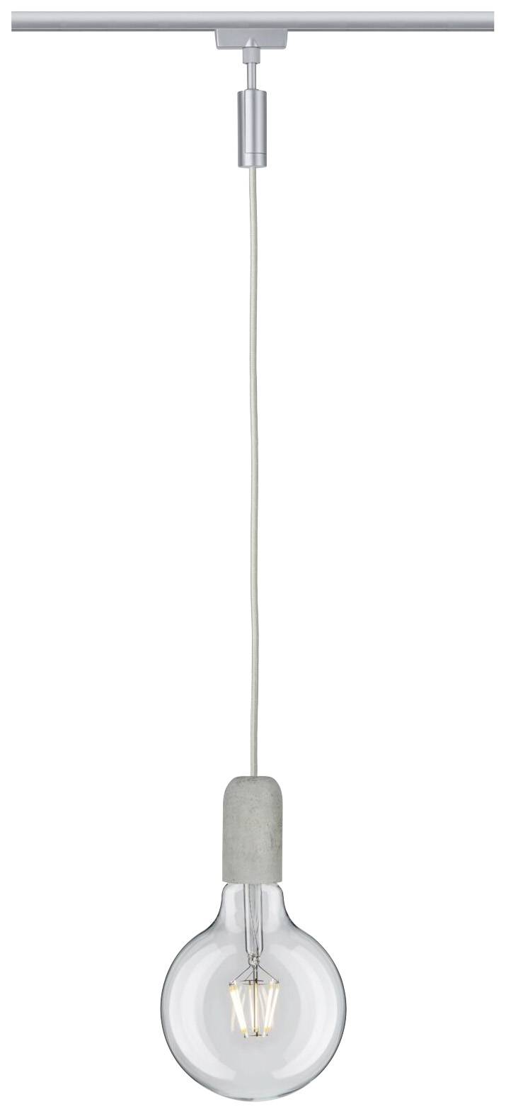 Plafonnier électrique avec ampoule apparente et fixation en ciment gris, suspendu par un câble à partir d'une tige métallique.