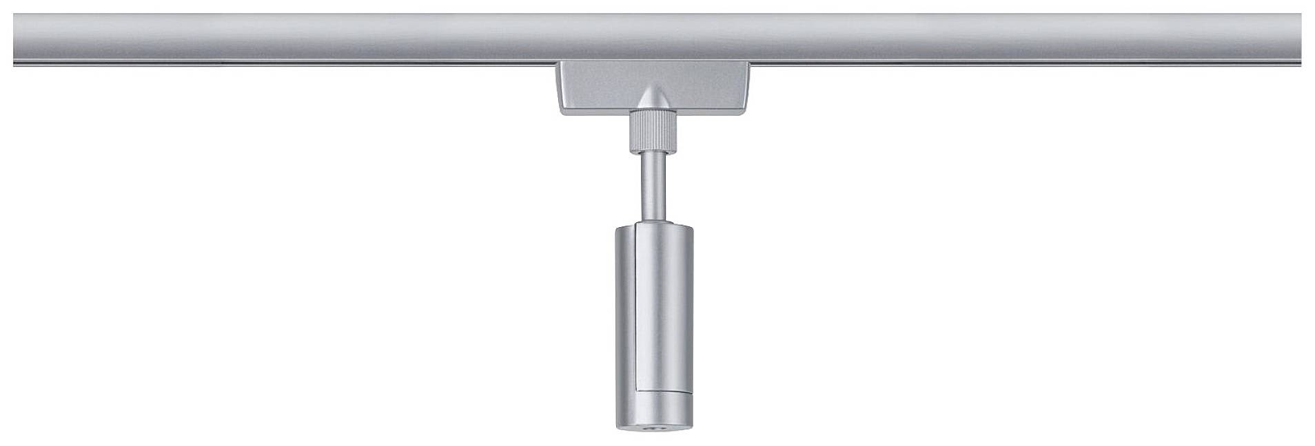 Plafonnier argenté avec un corps de lampe cylindrique, fixé sur une tige métallique droite. Idéal pour les intérieurs modernes.