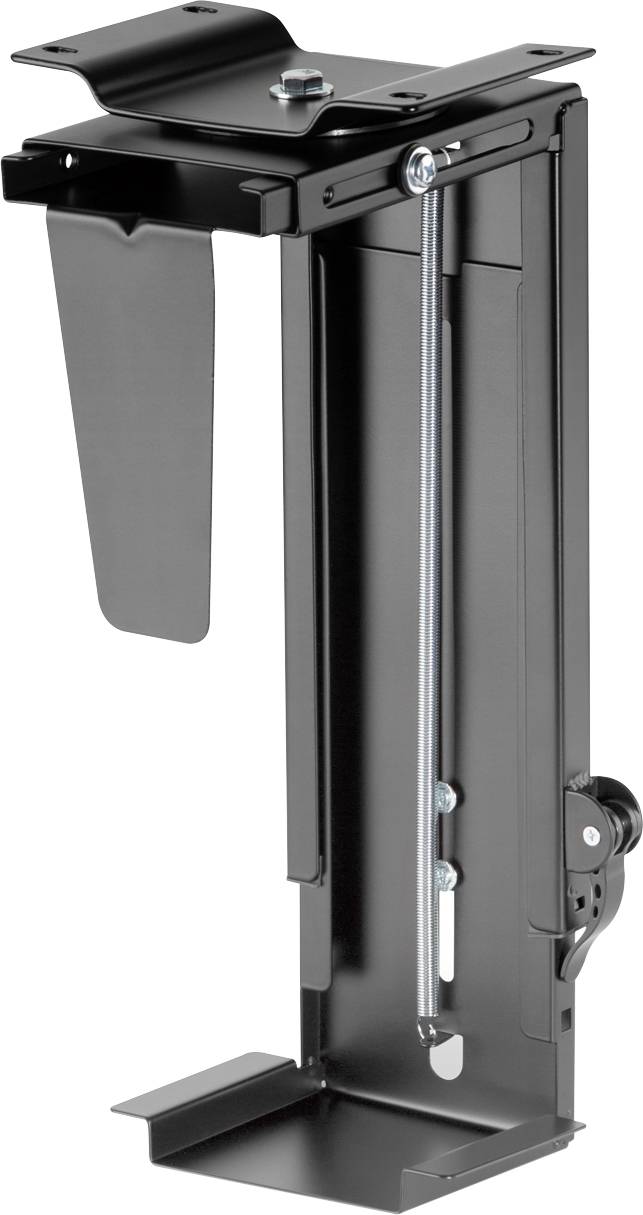 Support d'ordinateur vertical en métal noir, conçu pour être fixé à une table ou un bureau, idéal pour des postes de travail compacts et économes en espace.