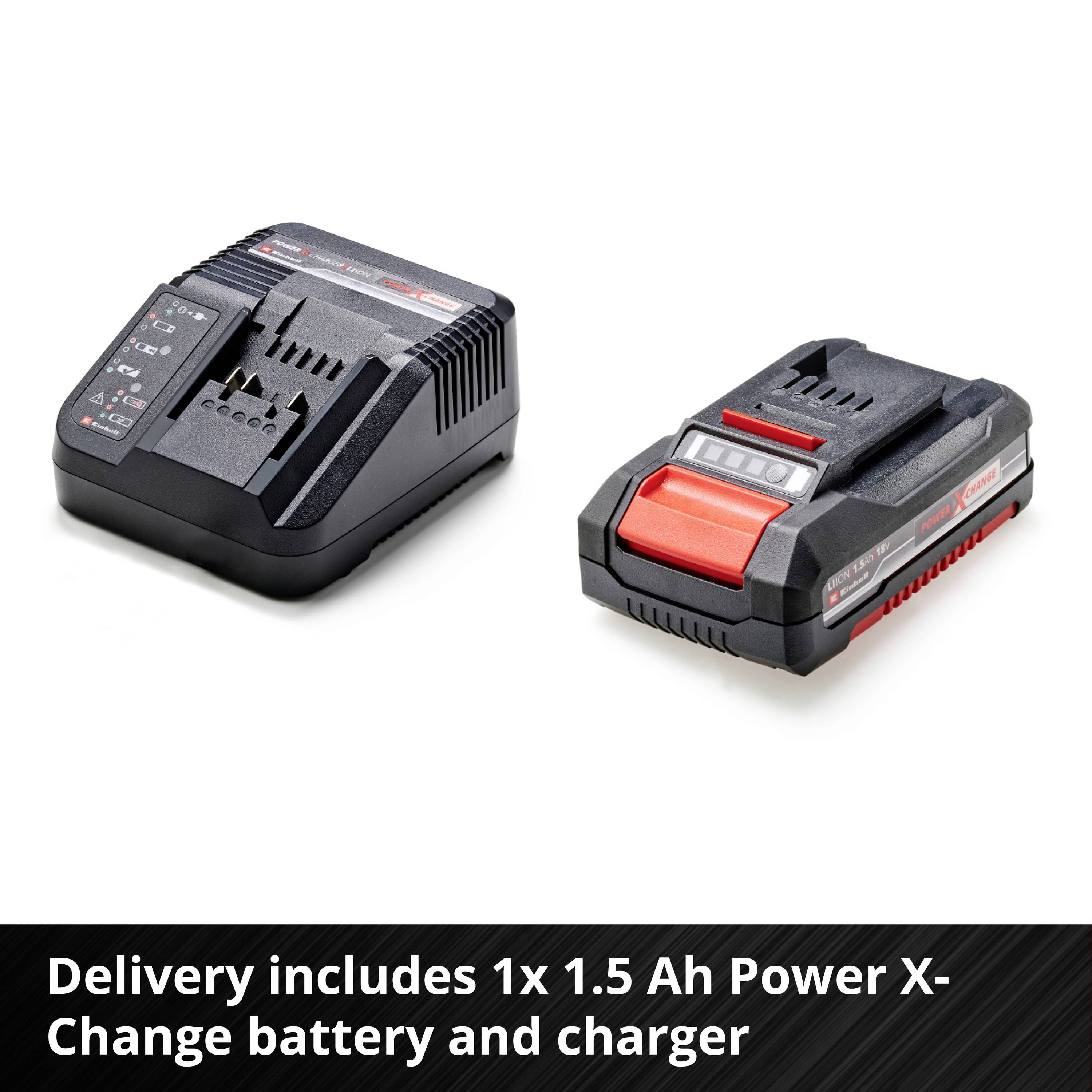 Chargeur de batterie et batterie sur fond blanc. Le texte en dessous informe : « Livraison comprenant 1x batterie Power X-Change 1,5 Ah et chargeur ».