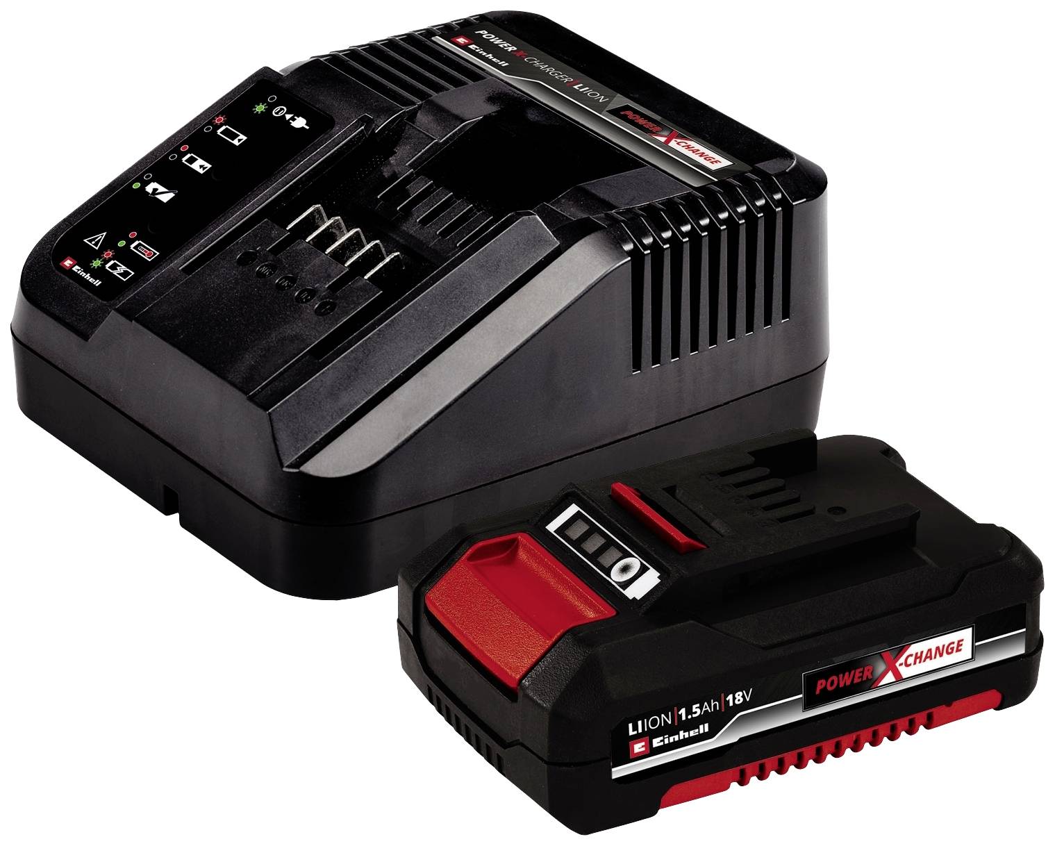 Chargeur de batterie et batterie d'un système d'outils. Indicateur de charge avec trois LED indiquant l'état de charge. Batterie avec une capacité de 1,5 Ah.