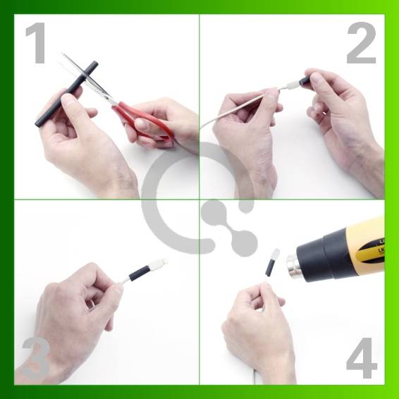 Quatre éléments graphiques illustrent les étapes de fabrication d'un câble avec gaine thermorétractable : couper, épissurer le câble, enfiler la gaine, rétrécir.