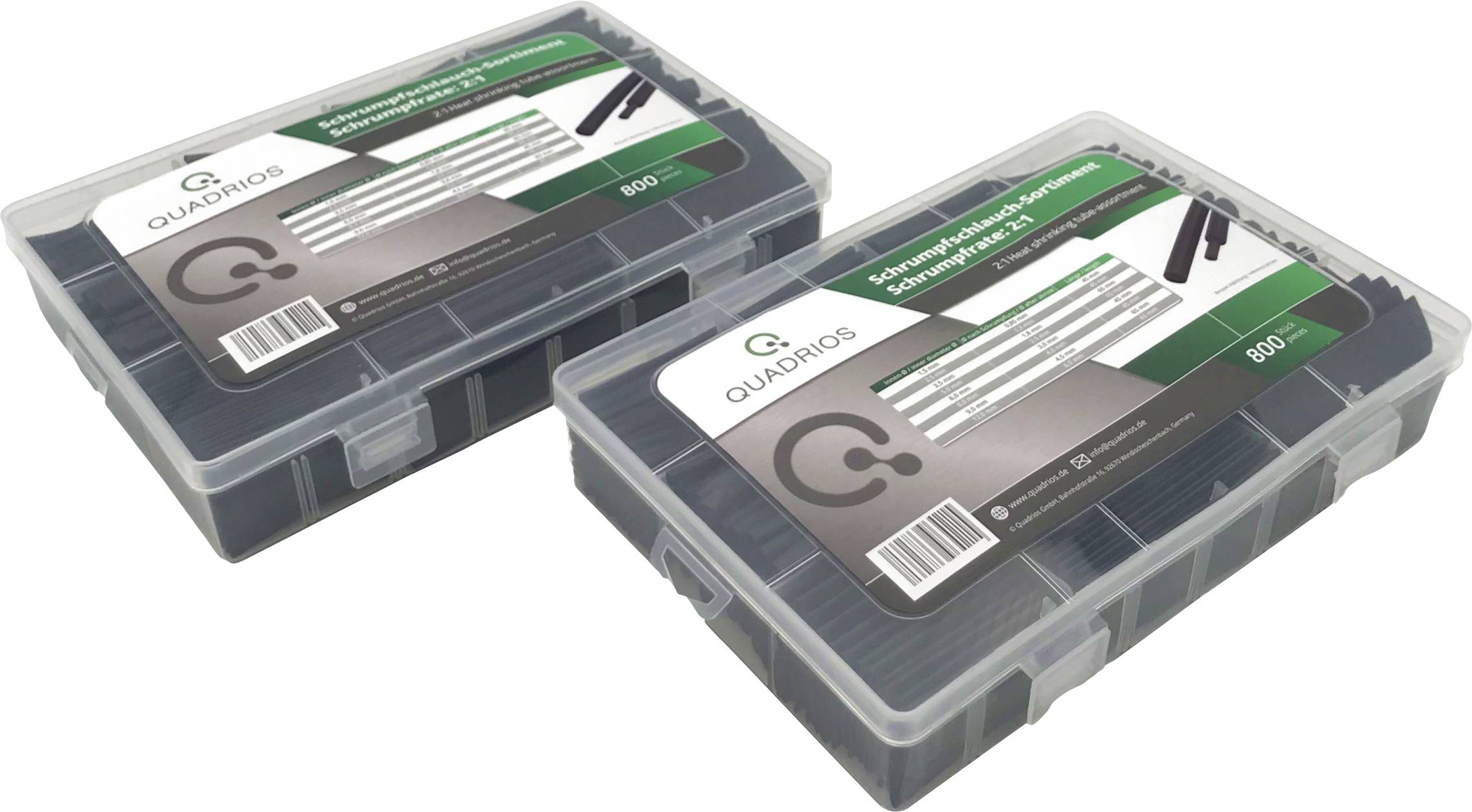 Deux boîtes contenant un assortiment de gaines thermorétractables 'QUADRIOS', typoff.