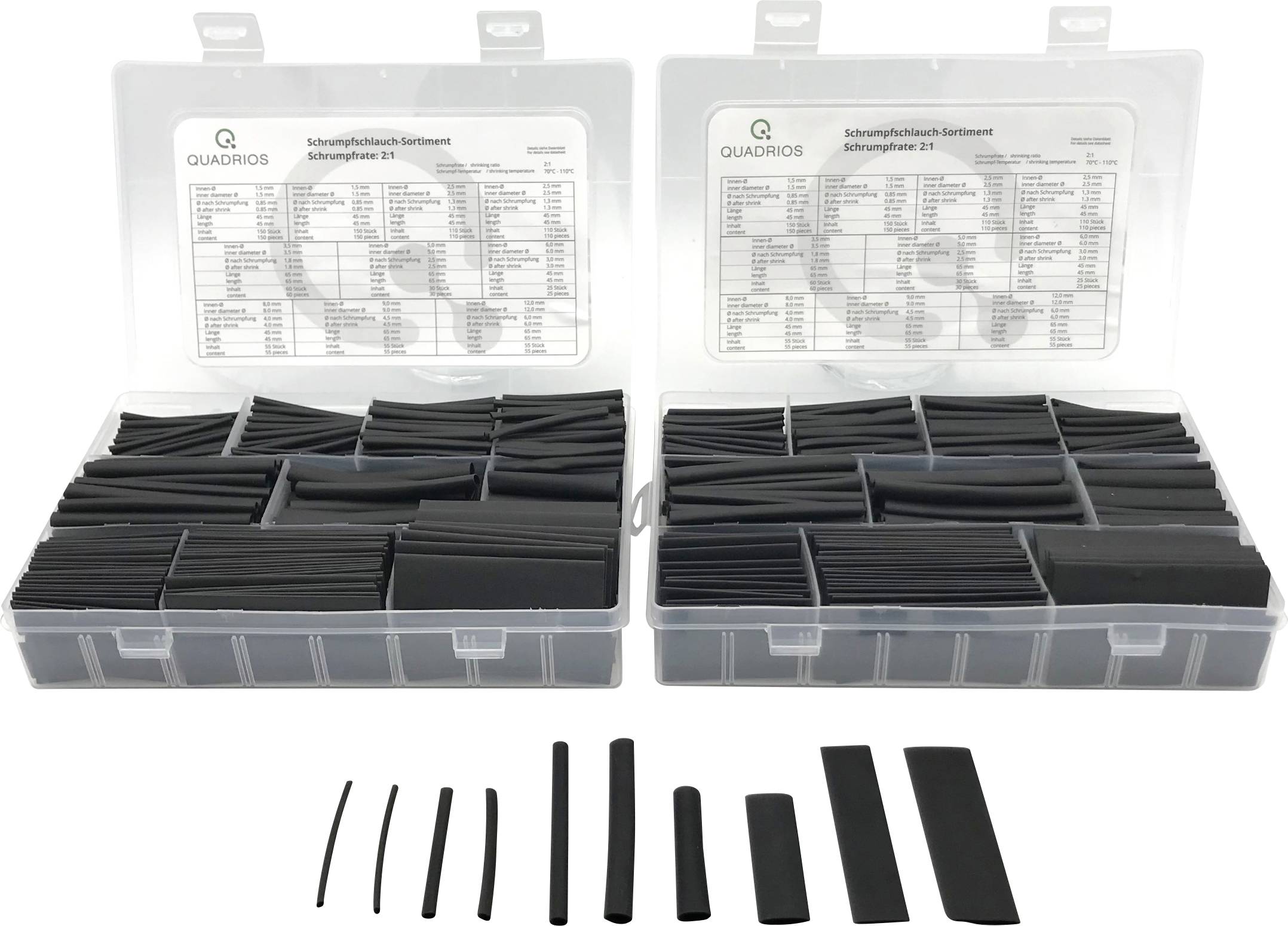 Deux boîtes ouvertes contenant des gaines thermorétractables de différentes tailles. Chaque boîte comprend plusieurs compartiments avec des gaines thermorétractables triées.