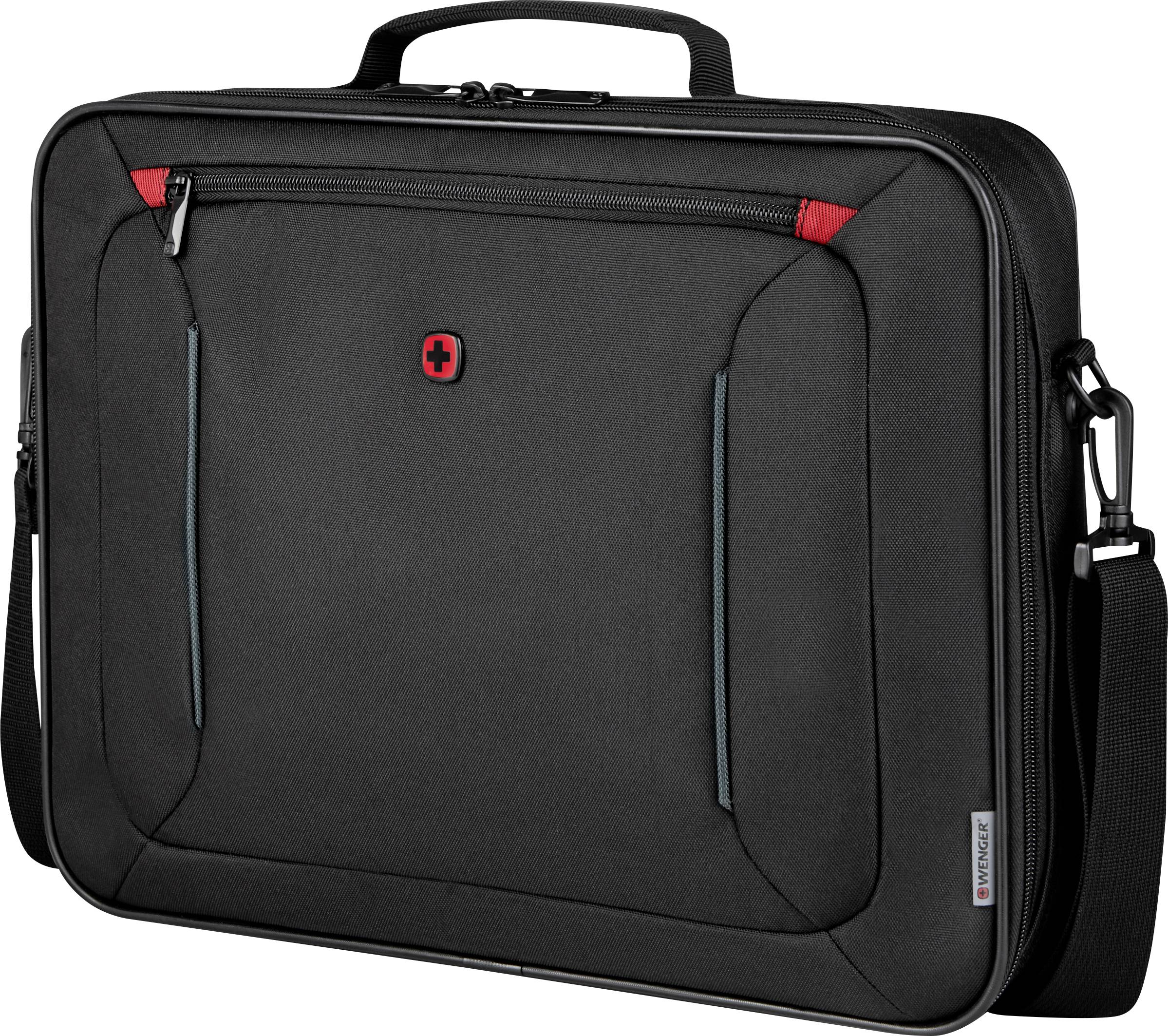 Un sac pour ordinateur portable noir avec poignée et bandoulière, décoré d'accents rouges et gris, ainsi qu'un petit logo rouge.