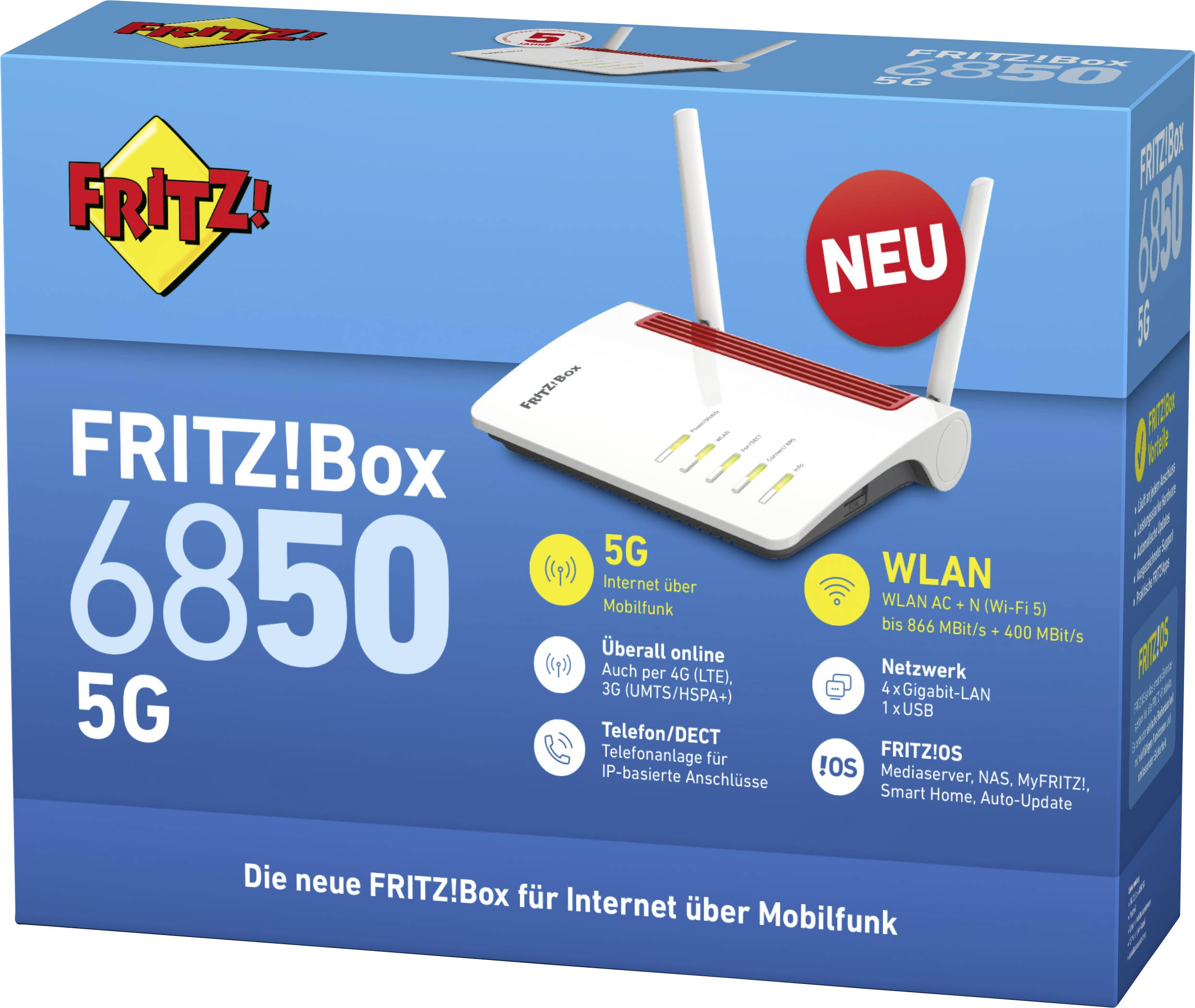L'emballage de la FRITZ!Box 6850 5G présente un routeur Wi-Fi avec des fonctions telles que la connectivité mobile 5G, des ports réseau et un téléphone DECT.