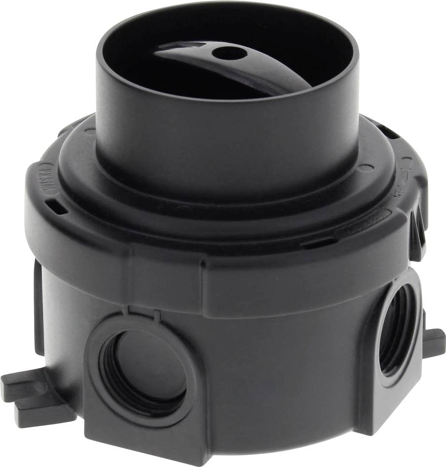 Pièce cylindrique en plastique noir, comportant différentes ouvertures et connexions, probablement un boîtier pour des applications techniques.