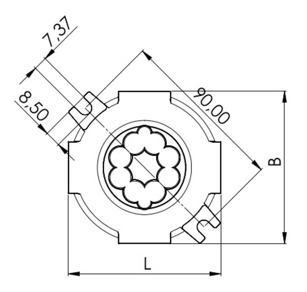 Dessin technique d'un composant avec les dimensions : 8,50 mm, 7,37 mm et 90,00 mm. Structure symétrique avec motif d'engrenage intérieur.