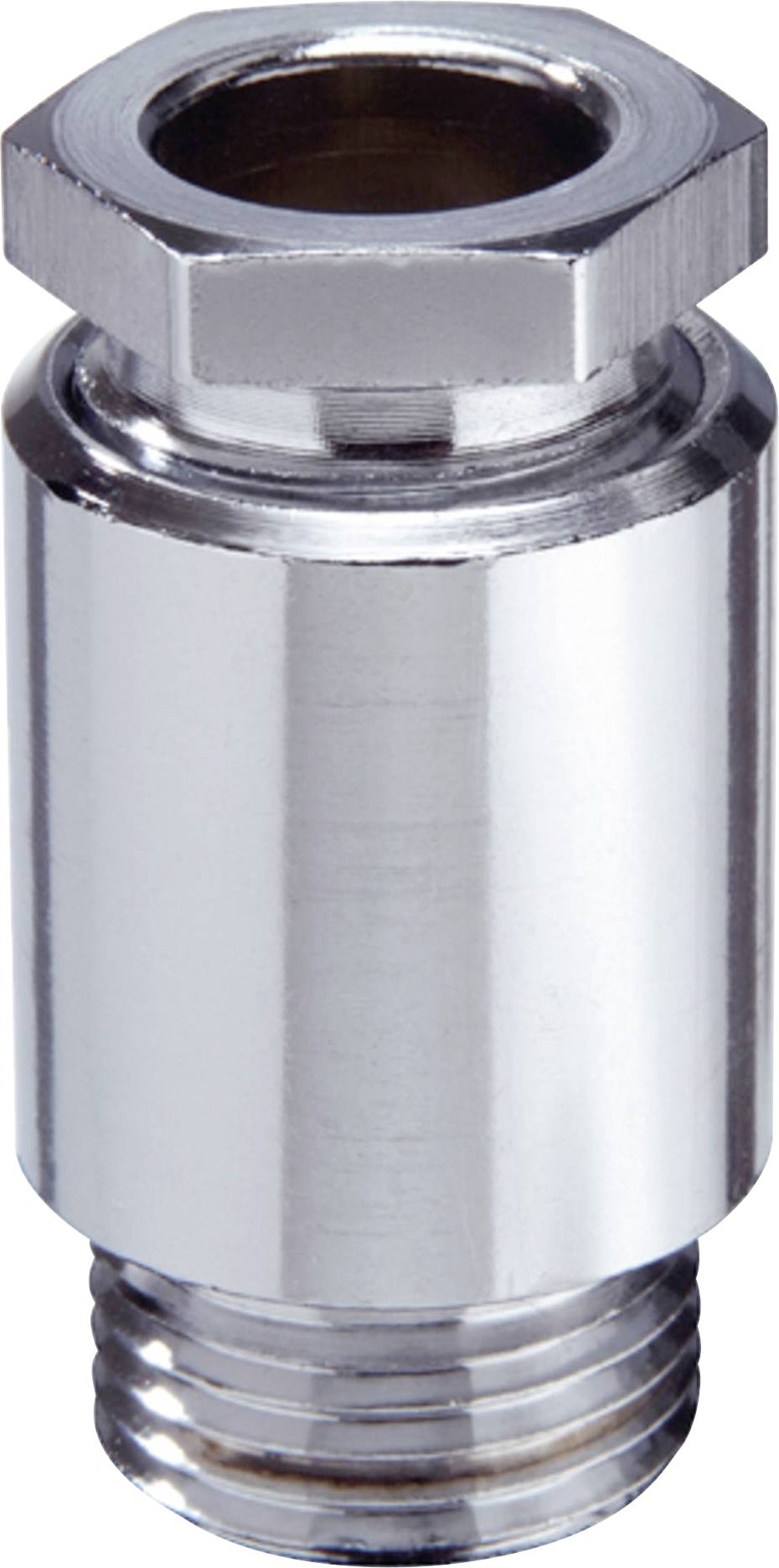 Valve en métal argenté avec surface hexagonale supérieure et filetage à la base. Utilisée pour réguler le flux de liquides ou de gaz.