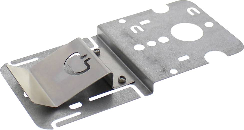 Support de fixation métallique avec symbole de prise découpé, utilisé pour fixer de manière stable des appareils électroniques aux murs.