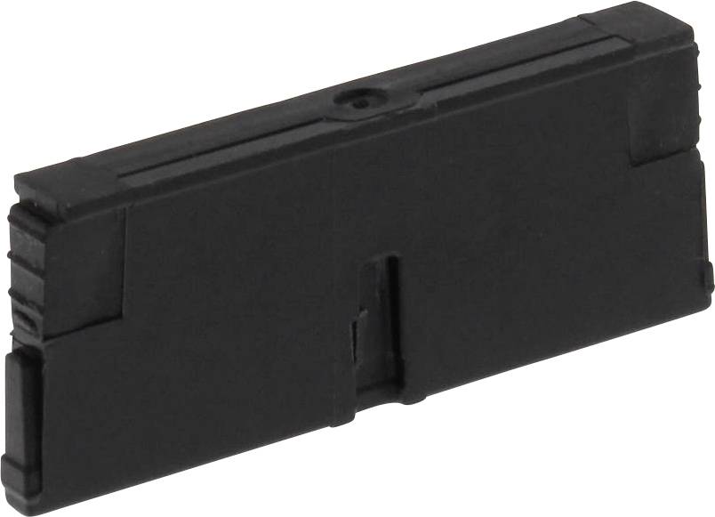 Une pièce en plastique noir de forme rectangulaire avec une cavité centrale, probablement un composant électronique ou mécanique destiné à être emboîté.