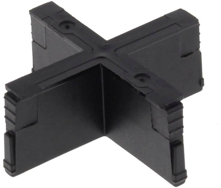Connecteur en plastique en forme de X, noir, avec surface texturée, adapté pour les connexions de meubles modulaires ou les systèmes de construction modulaire.