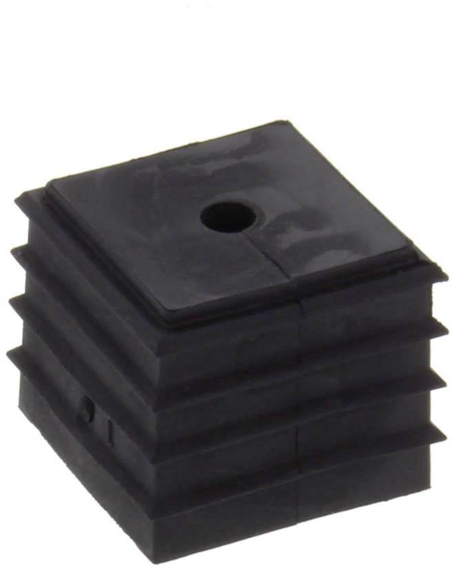 Bouchon en plastique noir, carré, avec des côtés étagés et un trou au centre. Adapté pour la protection ou l'étanchéité.