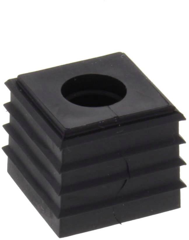 Un bouchon noir, cannelé, à base carrée et avec un trou rond, adapté pour obturer les extrémités de tuyaux.