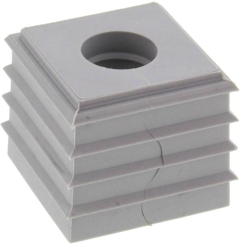 Pièce carrée en plastique grise à surface striée avec un trou rond au centre. Utilisée comme pieds de meubles ou embouts de tubes.