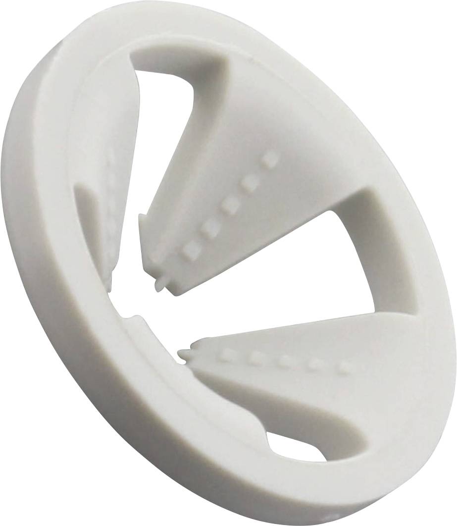 Une pièce en plastique blanche et ronde avec quatre ouvertures biseautées réparties uniformément à l'intérieur, ressemblant à un insert de presse-agrumes.