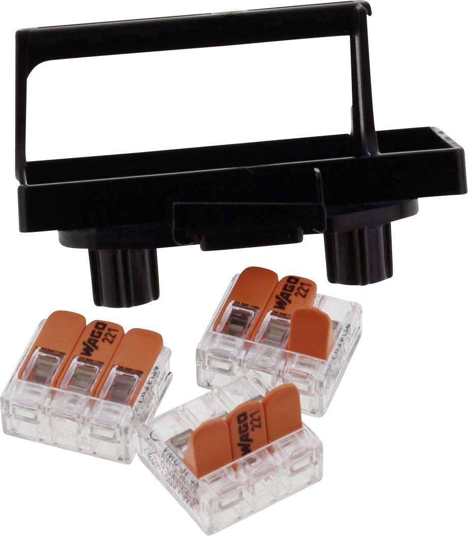 Trois serre-câbles transparents avec des leviers orange et un support noir à deux fixations sont représentés.