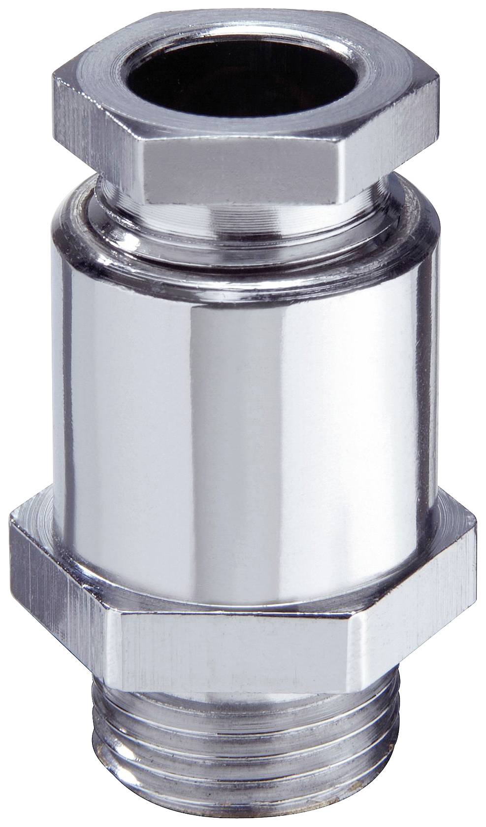 Raccord de tube de protection chromé en acier avec tête hexagonale et filetage, utilisé dans les systèmes de plomberie ou de chauffage.