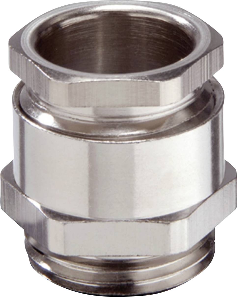 Un connecteur métallique cylindrique argenté avec des extrémités hexagonales, adapté aux câbles ou aux tuyaux dans des applications industrielles.