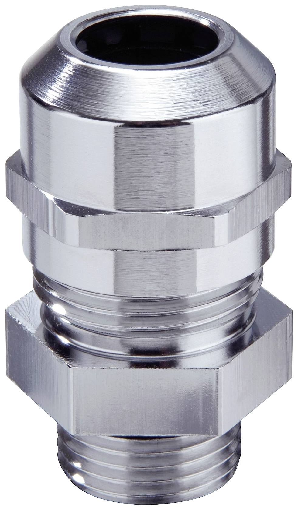 Élément de presse-étoupe métallique fileté avec écrou hexagonal, utilisé pour des fixations de câbles sécurisées.