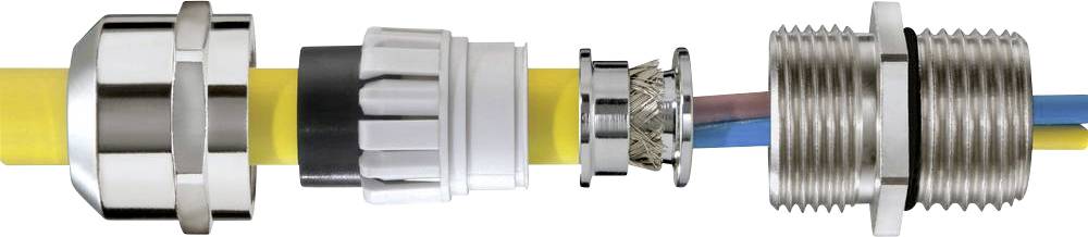 Connecteurs métalliques avec câble jaune et bleu, représentés dans un état démontés, montrant la structure et les composants.