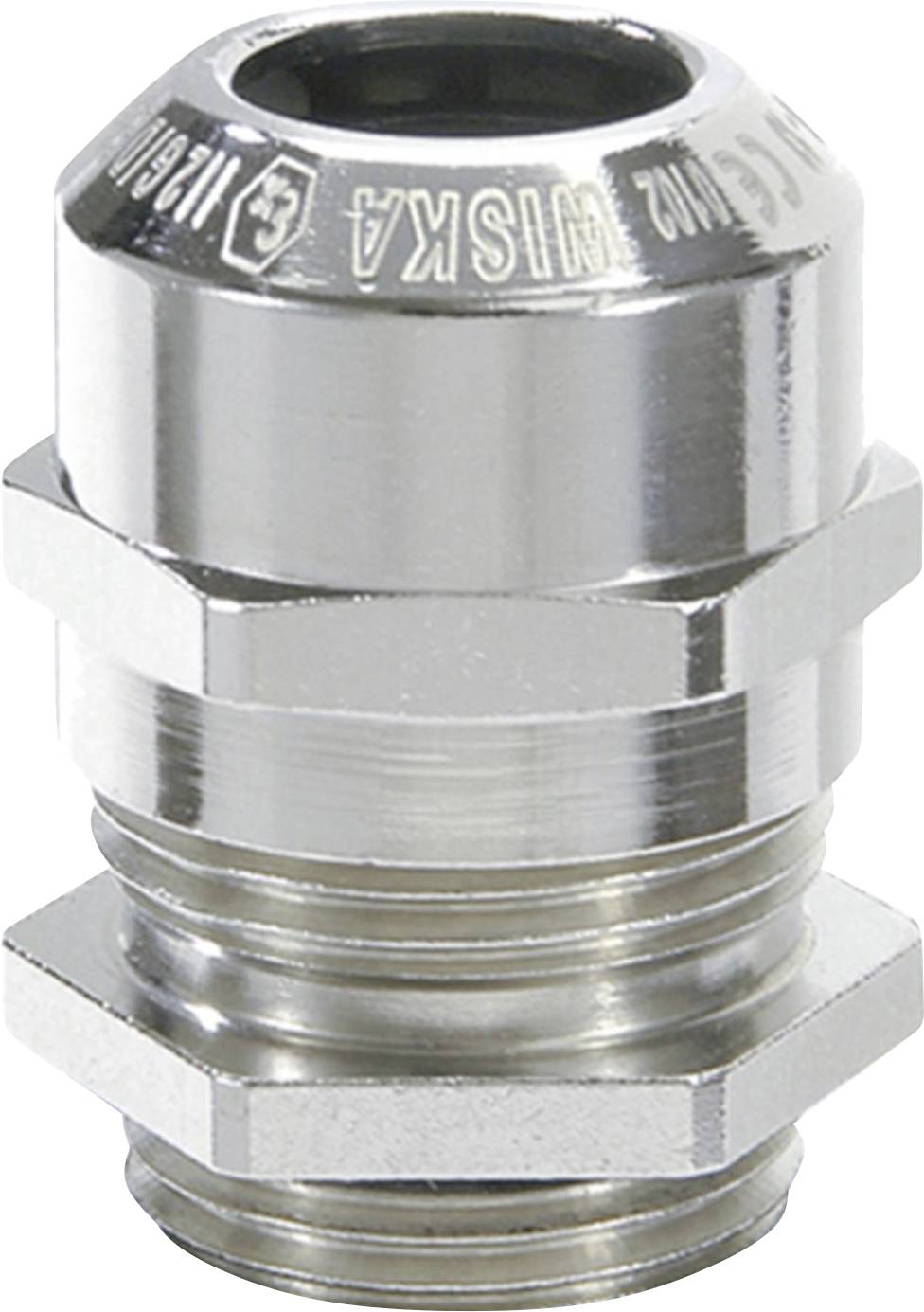 Presse-étoupe cylindrique en acier inoxydable, fileté avec écrou hexagonal, pour une fixation sécurisée des câbles.