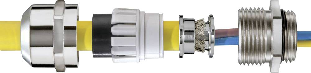 Un câble jaune avec des raccords métalliques argentés et une ouverture en plastique blanc, relié à un câble intérieur bleu.