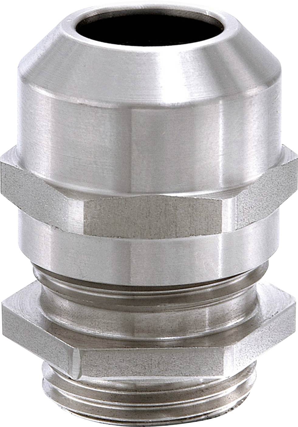 Presse-étoupe métallique en acier inoxydable, de forme cylindrique, composé de plusieurs anneaux et d'un écrou de fixation.
